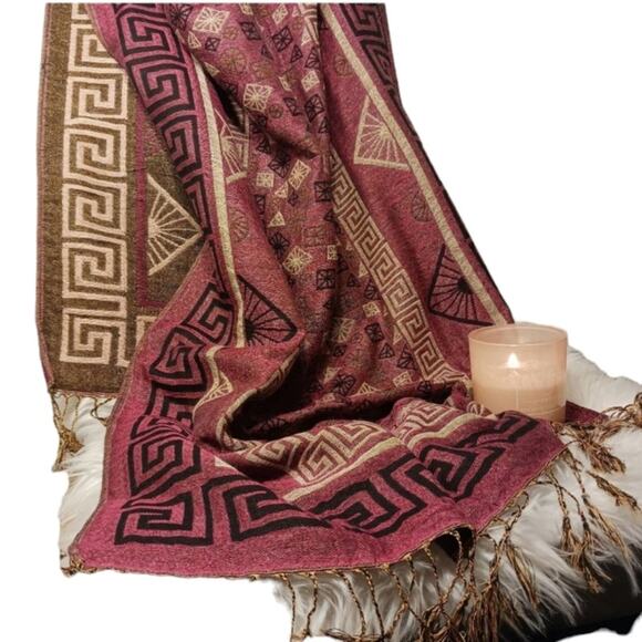 Pashmina EXOTIC Shoulder Wrap Shaw 68" x 25" Maroon & Gold LARGE Fringe Aztec - Picture 3 of 13